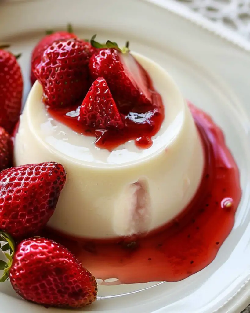 Italian friendsgiving dessert of classic panna cotta with strawberries, perfect for an Italian themed friendsgiving.