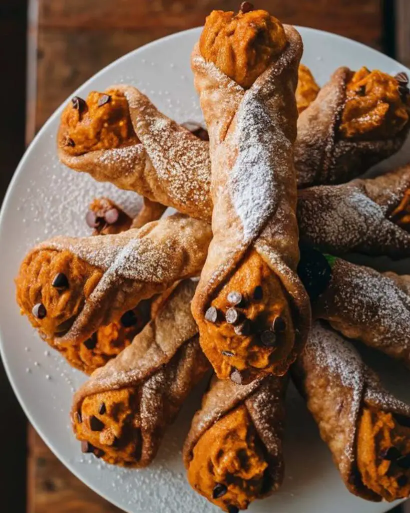  Italian friendsgiving food of pumpkin cannoli with chocolate chips, perfect for an Italian themed friendsgiving dessert