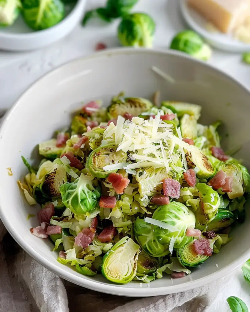 Italian friendsgiving food of shredded brussel sprouts with pancetta and pecorino in a white bowl, perfect for a friendsgiving menu