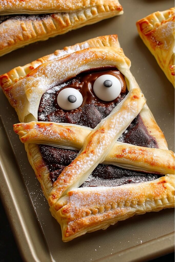 Nutella stuffed puff pastry mummy with candy eyes and powdered sugar.