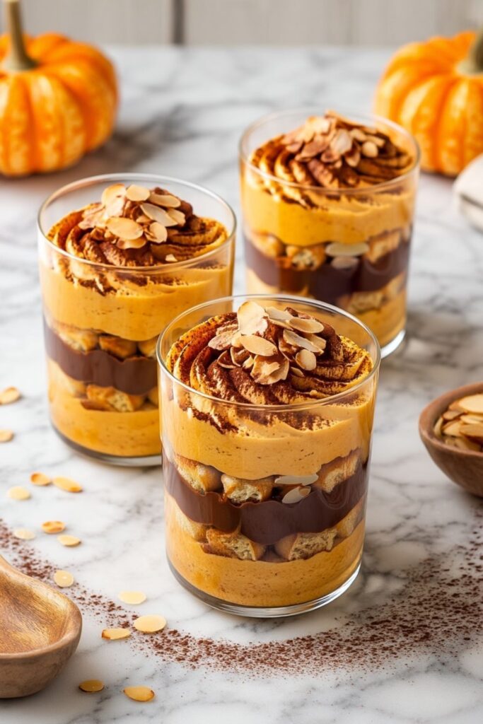 Pumpkin mascarpone and dark chocolate tiramisu cups layered with ladyfingers and almonds.