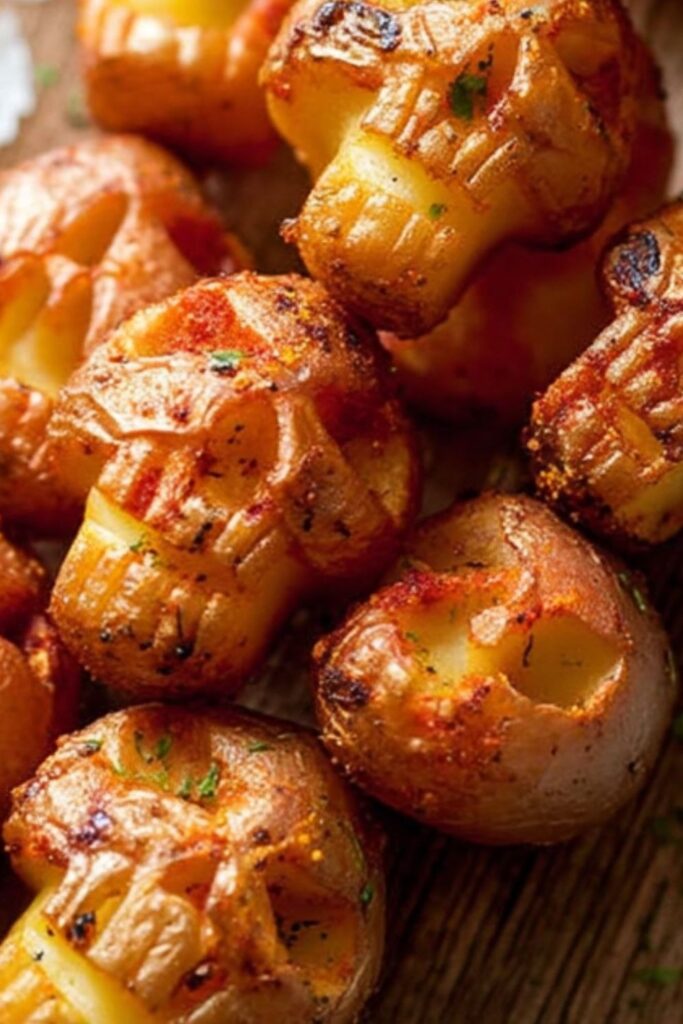 Crispy roasted red potatoes carved into spooky skull shapes on a board.