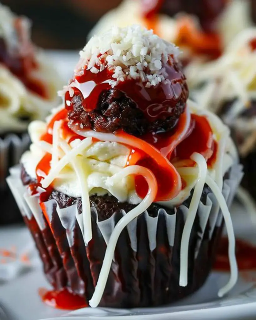 Spaghetti and meatball cupcakes featuring chocolate cupcakes with spaghetti-like frosting, a chocolate meatball, strawberry sauce, and white chocolate shavings, showcasing Italian themed cupcakes and Italian decorated cupcakes.