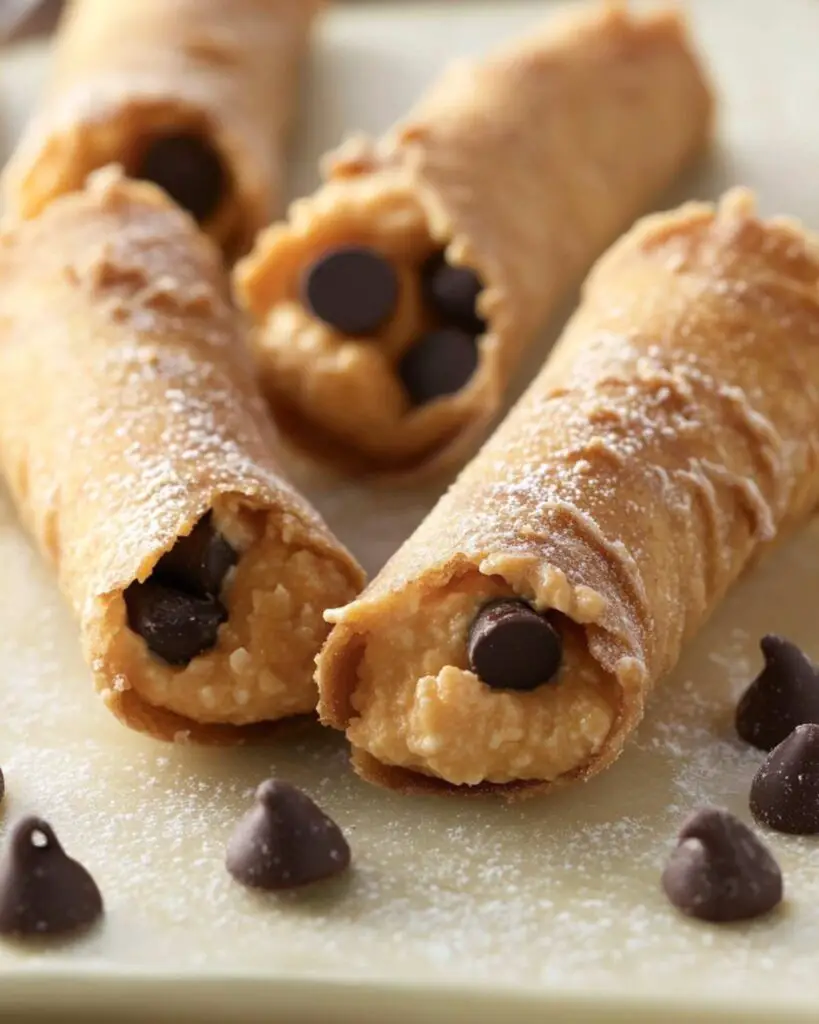 Mini pumpkin cannoli filled with creamy pumpkin and chocolate chips, perfect for an Italian-themed Thanksgiving dessert.