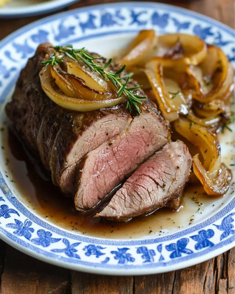 Authentic Italian Thanksgiving roast beef served with a rich Marsala and onion sauce, garnished with fresh herbs, and presented on a blue and white platter.