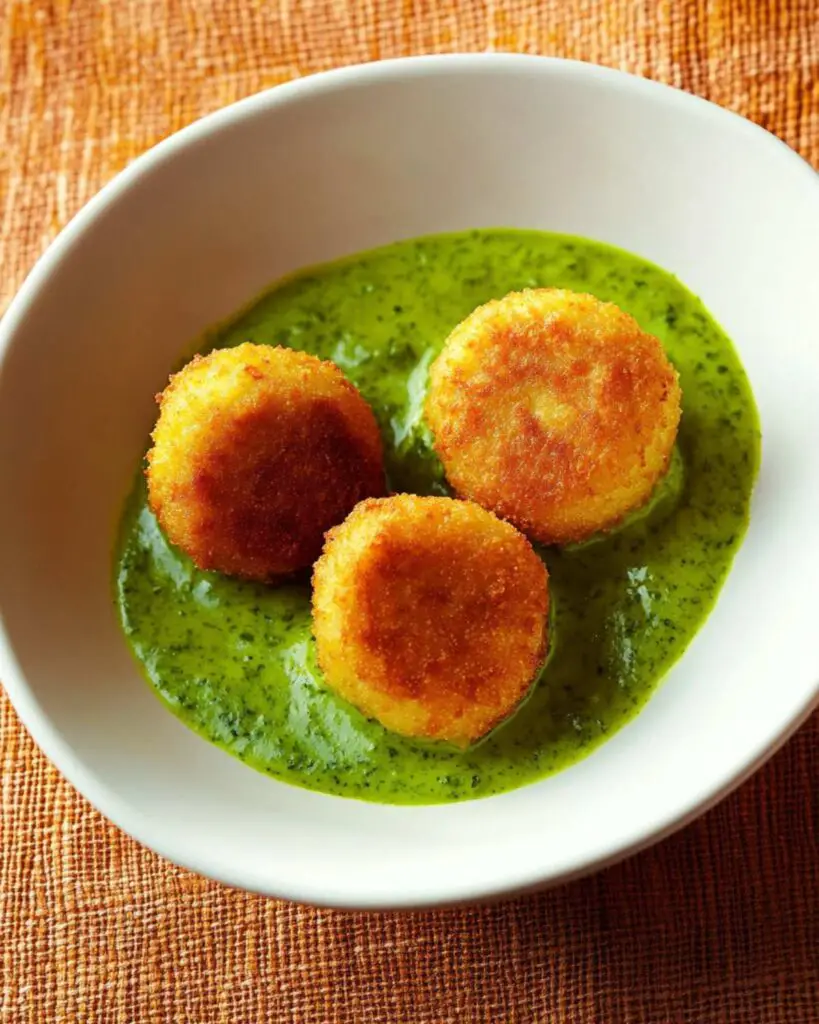 Italian finger food croquettes stuffed with scamorza cheese served with a vibrant green zucchini sauce, perfect for appetizers party finger foods.