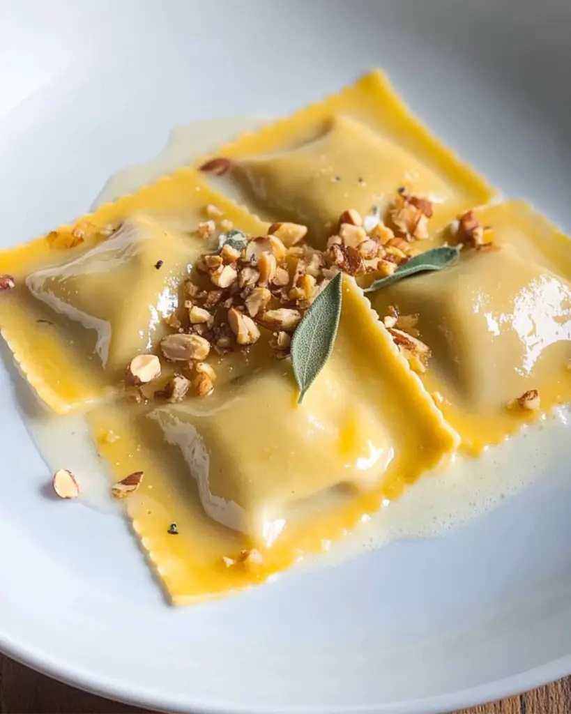 Creamy butternut squash ravioli topped with white wine sauce and sprinkled with chopped hazelnuts, served on a white plate, perfect for an Italian-themed Thanksgiving.