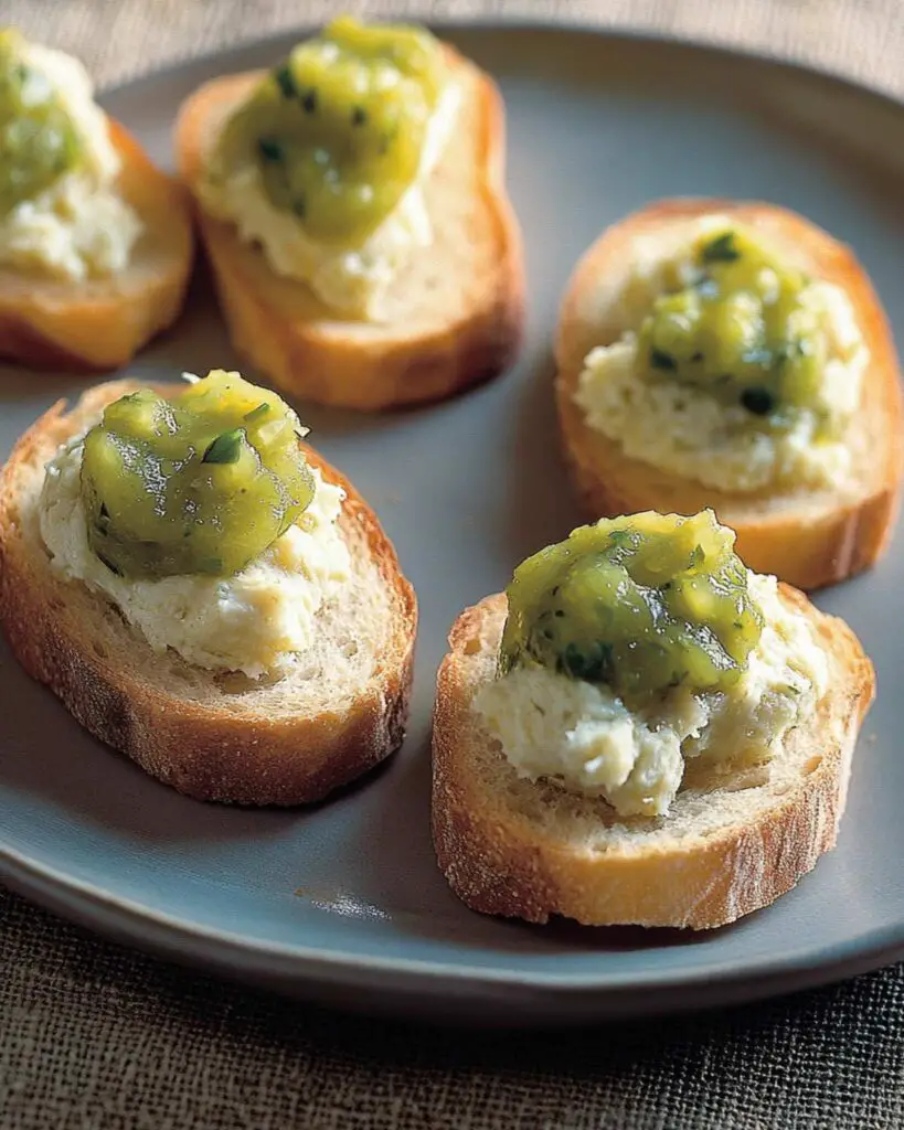 Crostini topped with creamy cod pâté and green tomato chutney, ideal for Italian appetizers easy finger foods at parties.