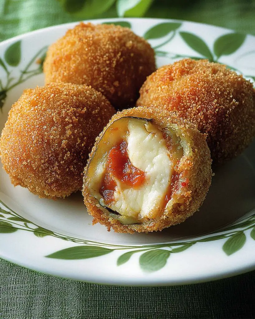 Crispy eggplant and scamorza cheese croquettes with a golden-brown crust, stuffed with juicy plum tomatoes, perfect for Italian appetizers party finger foods.