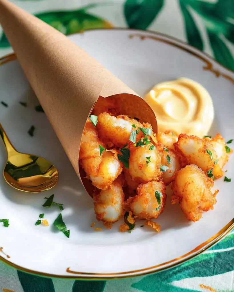 Italian finger food featuring crispy fried baby squid served in a paper cone with a side of light orange mayonnaise on a decorative plate.