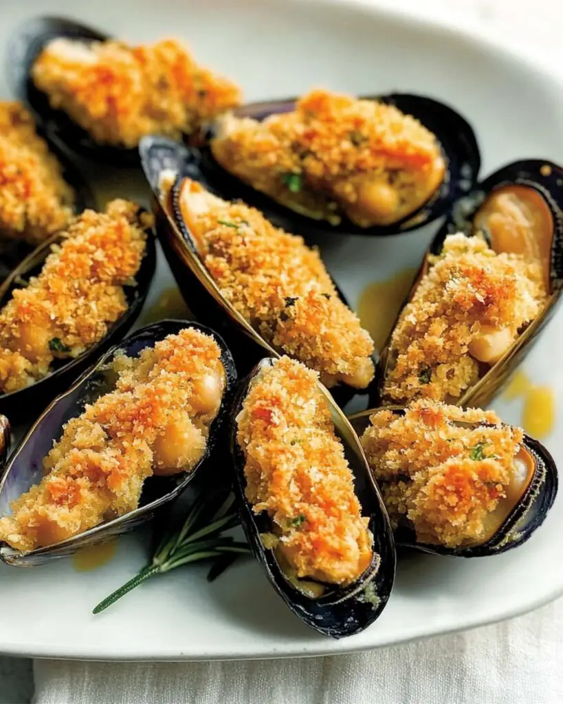 Italian finger food appetizers featuring mussels stuffed with chickpeas au gratin on a white plate garnished with rosemary.