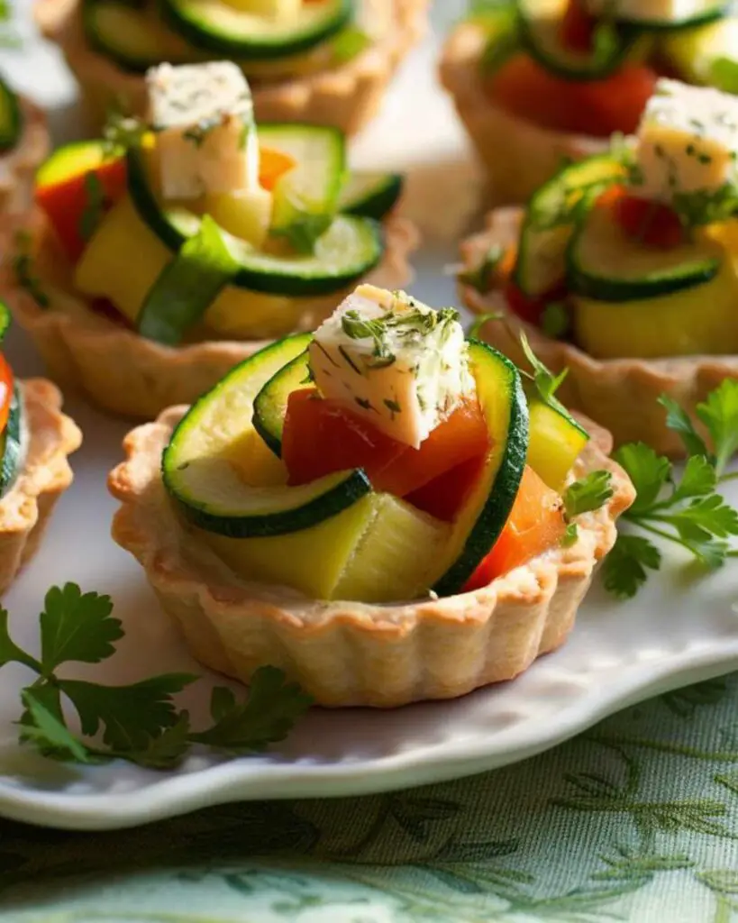 Italian finger food tartlets filled with colorful zucchini and bell peppers, topped with herbs, perfect for Italian appetizers party finger foods.