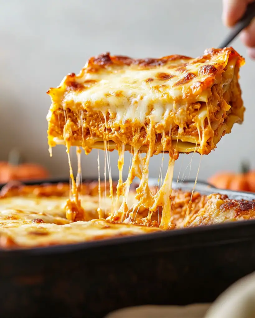 A serving of pumpkin lasagna being lifted from a baking dish, perfect for an Italian-themed Thanksgiving celebration.