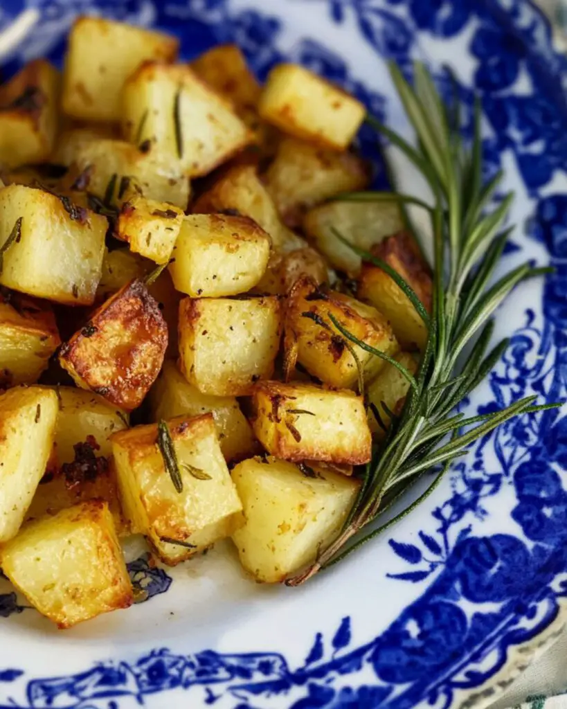 Golden and crispy Italian roasted potatoes seasoned with rosemary and garlic, served on a traditional blue and white ceramic plate, perfect for a Thanksgiving Italian side dish.