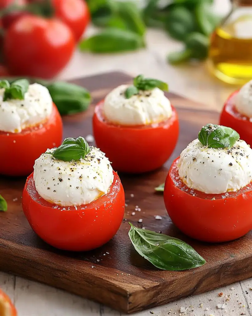 Italian tapas appetizers featuring burrata-stuffed tomatoes with fresh basil on a wooden board.