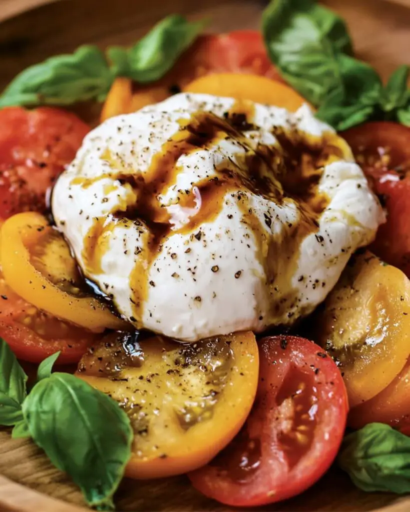 Heirloom Italian Burrata Caprese Salad featuring vibrant slices of red and yellow heirloom tomatoes, fresh basil, and creamy burrata cheese topped with balsamic glaze, perfect for a traditional Italian Thanksgiving side dish.