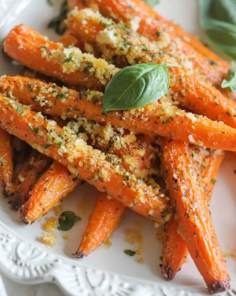 Roasted carrots topped with garlic, Parmesan, and fresh basil, served as a flavorful Italian Thanksgiving side dish.