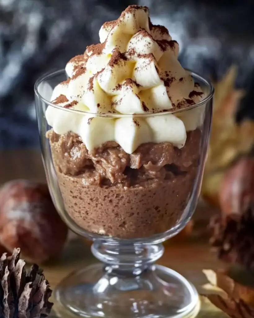 Glass dessert cup filled with layers of chestnut mousse and whipped cream, topped with cocoa powder, perfect for an authentic Italian Thanksgiving.