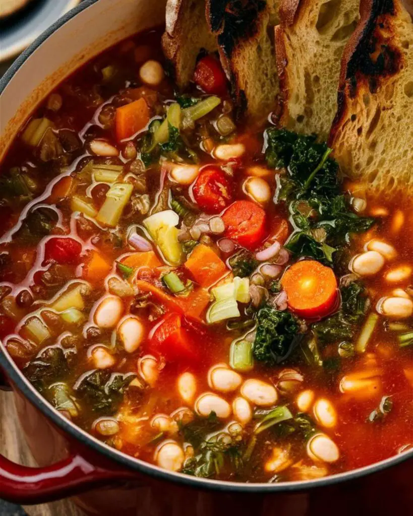 Hearty Ribollita soup with Tuscan vegetables, beans, and slices of toasted bread, served in a rustic black pot, perfect for a cozy Italian-themed Thanksgiving meal.