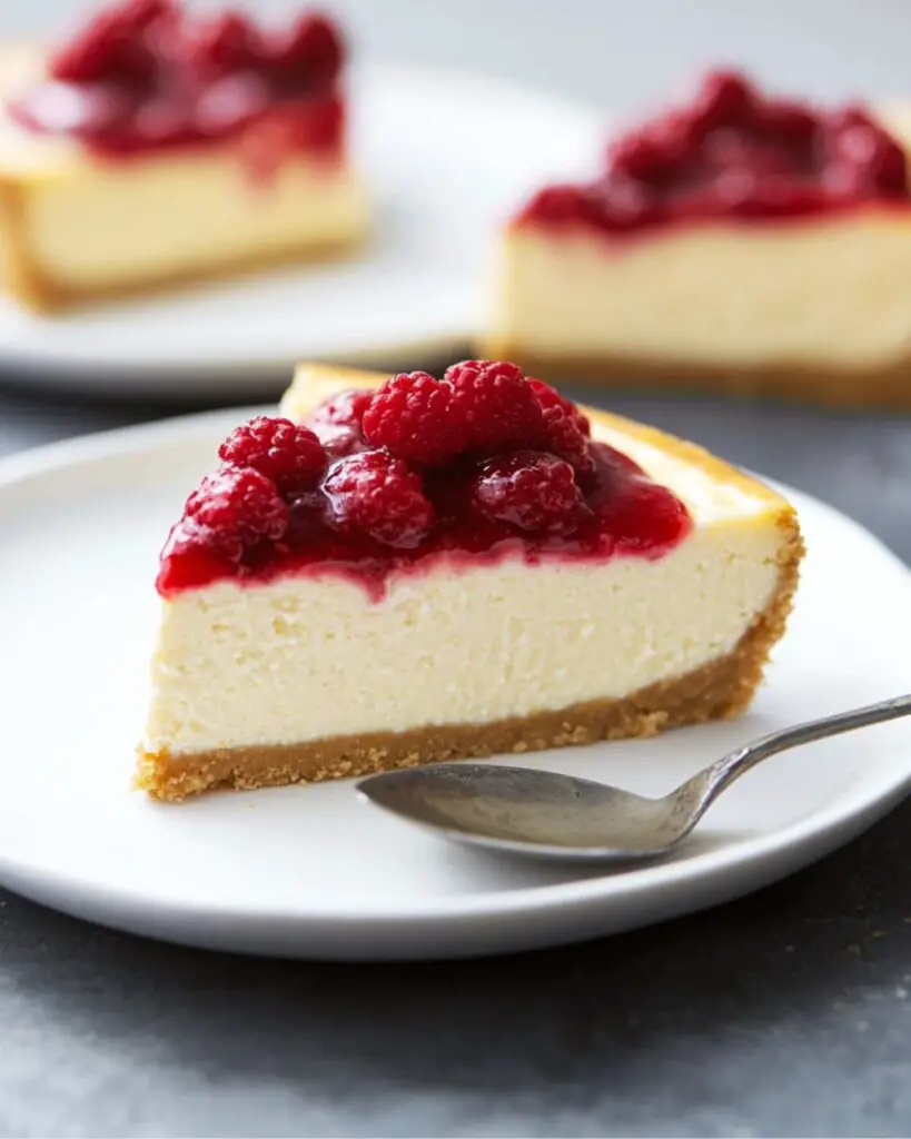 Italian ricotta cheesecake slice on a white plate, topped with a dollop of sweet raspberry compote, perfect for an authentic Italian Thanksgiving dessert.