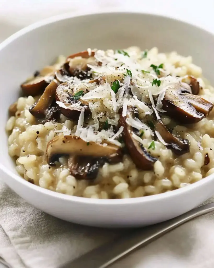 Creamy risotto with porcini mushrooms served in a white bowl, perfect for an Italian-themed Thanksgiving dinner, garnished with fresh herbs and Parmesan.