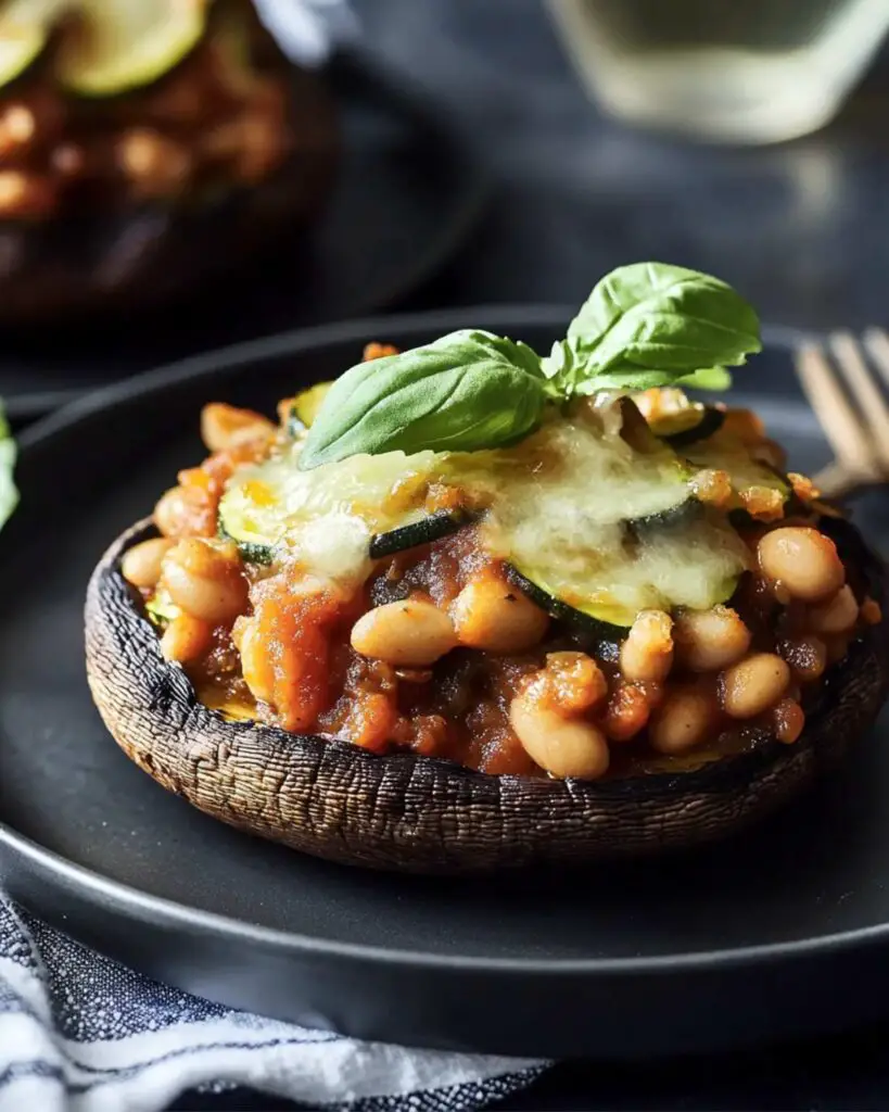 Italian Thanksgiving stuffed Portobello mushrooms filled with cannellini beans in tomato sauce, topped with sliced zucchini and melted mozzarella, served on a black plate with fresh basil.