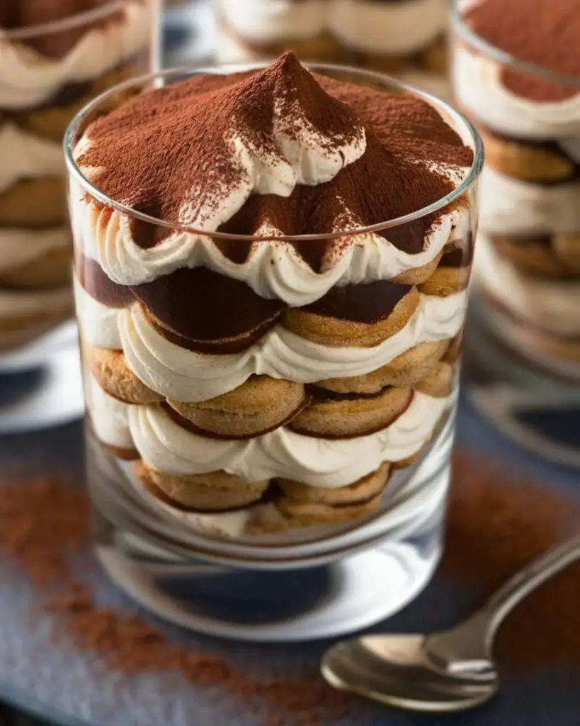 Easy tiramisu cups layered with creamy mascarpone and dusted with cocoa powder, perfect for an authentic Italian Thanksgiving dessert.