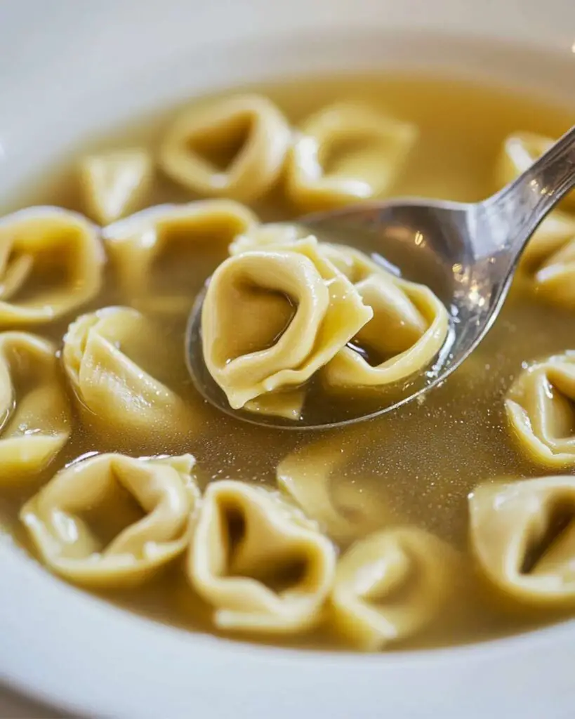 A spoon lifting traditional tortellini from a savory broth, showcasing the classic Italian dish perfect for a Thanksgiving Italian-style meal.