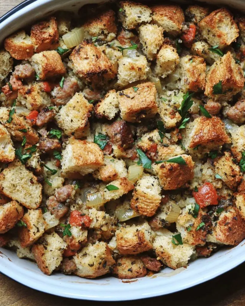 A flavorful Italian turkey stuffing featuring rustic bread, sausage, and vegetables, baked to a golden perfection, ideal for an Italian-themed Thanksgiving dinner.