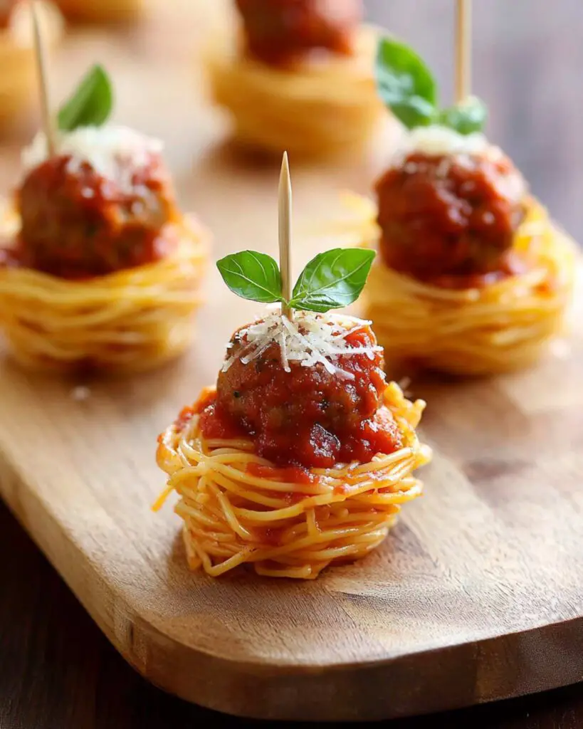 Italian finger food appetizer featuring mini spaghetti nests topped with meatballs and basil, perfect for parties and events.