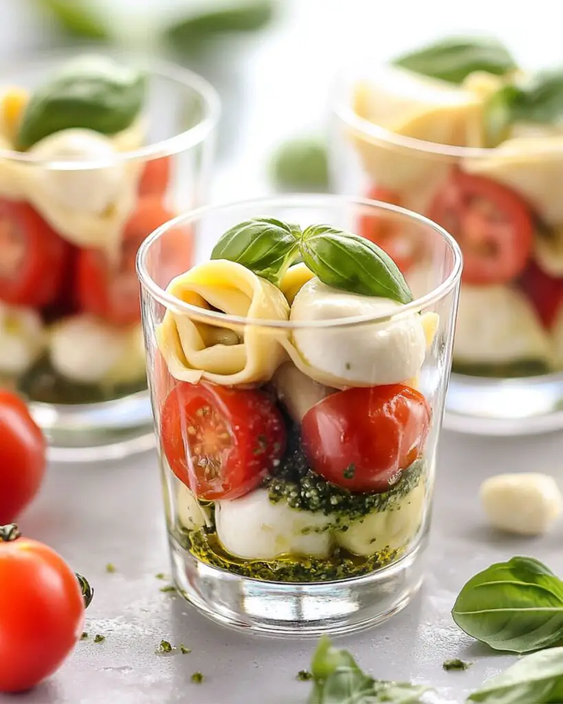 Shot glass appetizers featuring mini party recipes with tortellini, mozzarella, and cherry tomatoes in a glass.