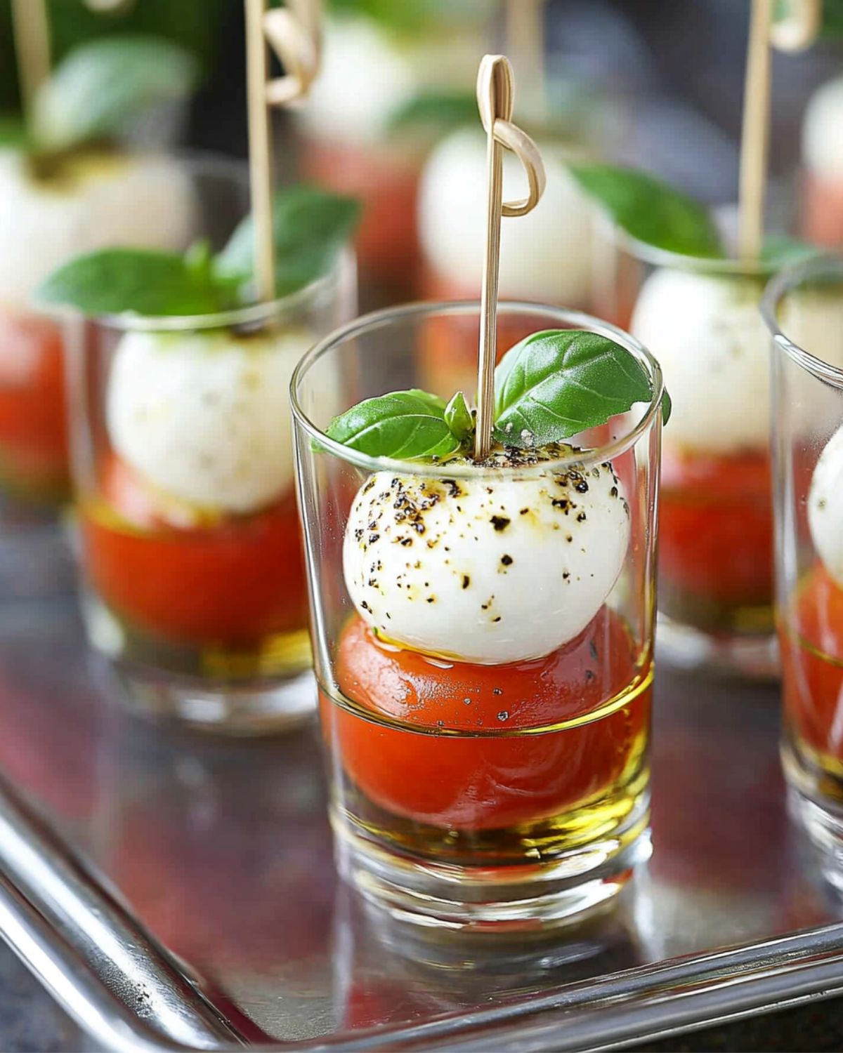 Shot glass food appetizers featuring Caprese salad bites with cherry tomatoes, mozzarella, and basil.