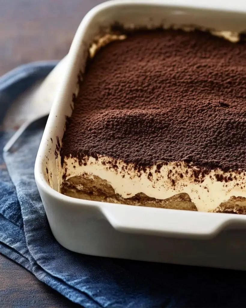 Traditional Italian tiramisu dessert made with layers of espresso-soaked ladyfingers, rich mascarpone cream, and a dusting of chocolate, infused with amaretto liqueur, perfect for an Italian-themed Thanksgiving celebration.