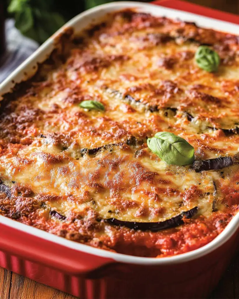 Traditional Italian Thanksgiving Eggplant Parmigiana casserole with layers of eggplant, rich tomato sauce, and melted cheese, baked to perfection in a red dish.