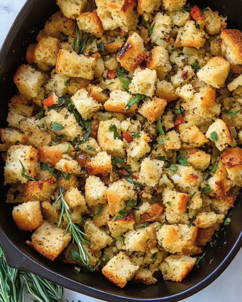 Traditional Italian Thanksgiving garlic herb ciabatta stuffing, baked with a golden crust, featuring fresh herbs and vegetables in a cast iron skillet.