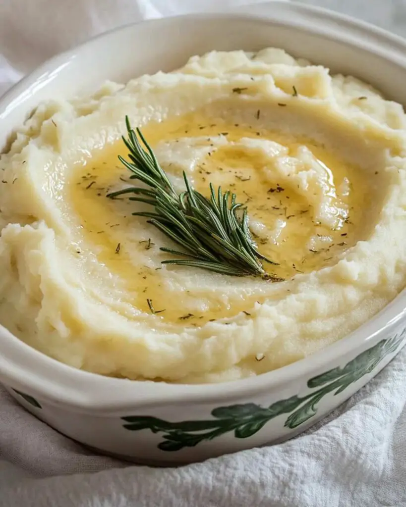 Creamy Mascarpone Mashed Potatoes in a white dish, topped with melted rosemary butter, perfect for an Italian-themed Thanksgiving side dish.