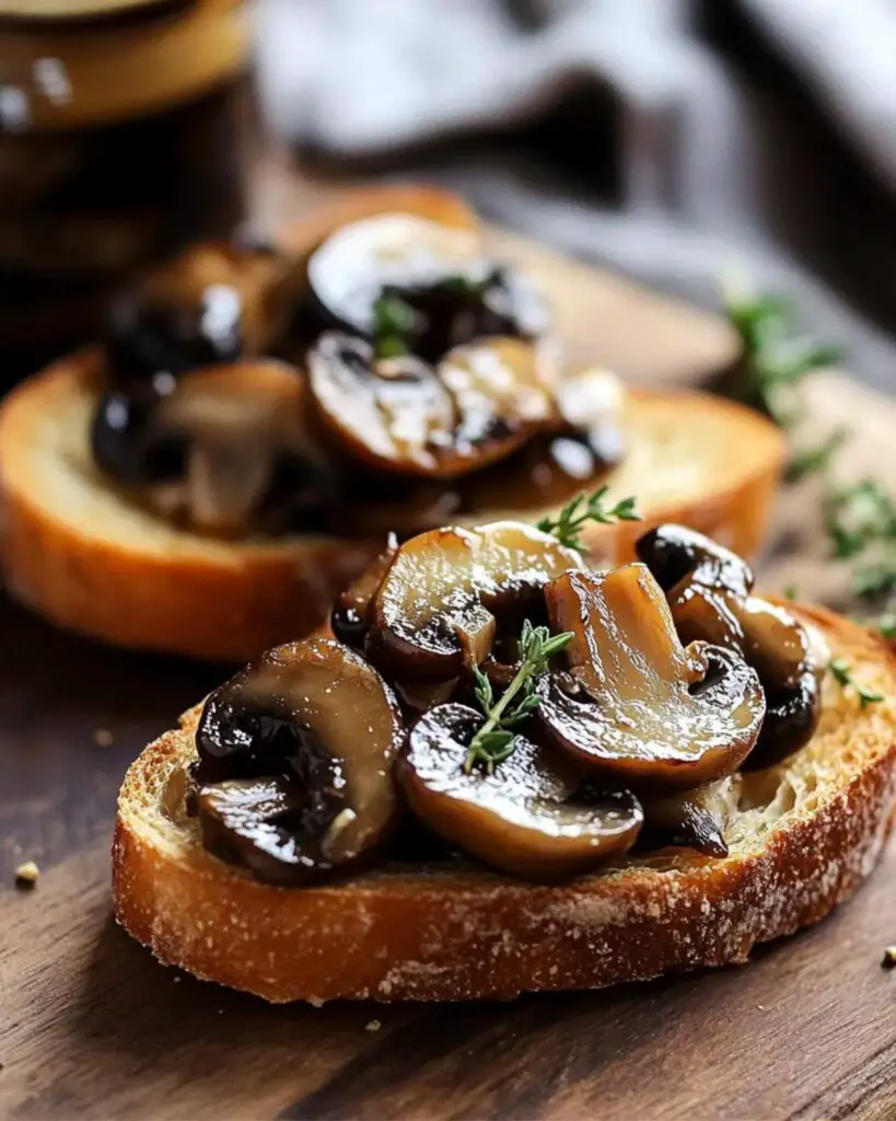 Savory Mushroom Crostini on crispy toasted bread, topped with sautéed mushrooms, fresh thyme, and a hint of garlic, perfect for a traditional Italian Thanksgiving appetizer.