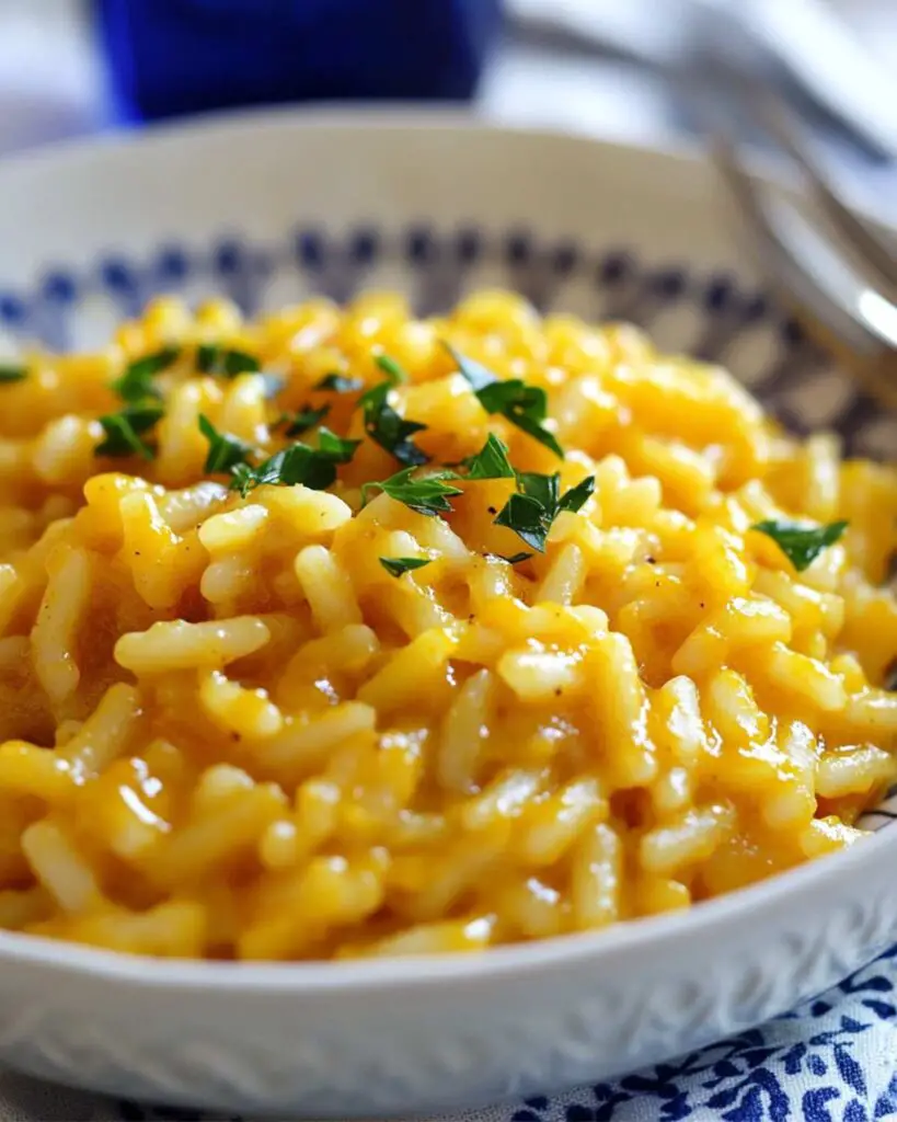 Traditional Italian Thanksgiving pasta risotto made with pumpkin, creamy and comforting, garnished with fresh parsley in a white bowl.