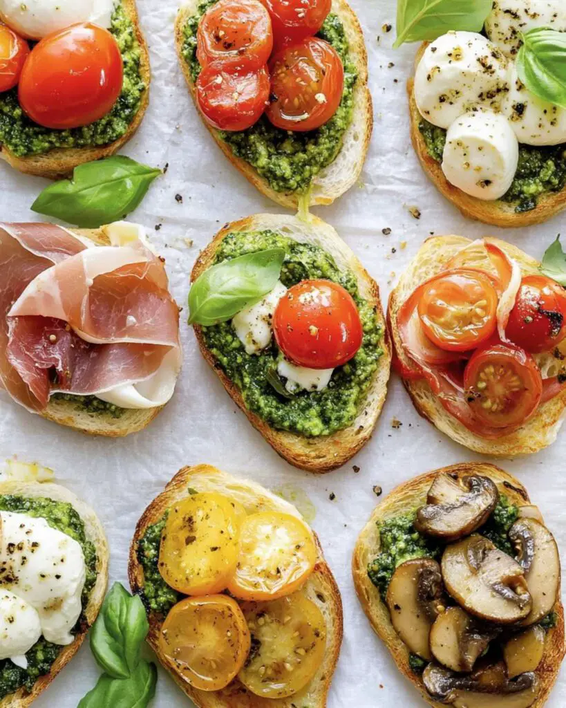 Italian-themed Thanksgiving Pesto Crostini topped with mozzarella, cherry tomatoes, prosciutto, ricotta, grilled mushrooms, and fresh basil, showcasing three delicious variations on crispy toasted bread.