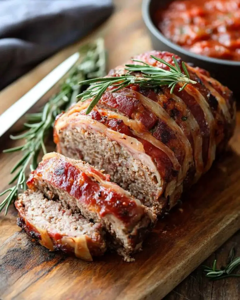 Traditional Italian Thanksgiving Polpettone, a savory meatloaf wrapped in crispy pancetta and stuffed with Taleggio cheese, served with tomato sauce on a wooden board.