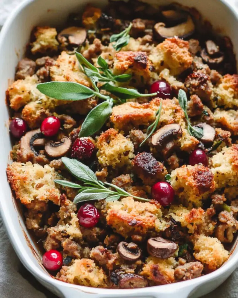 Traditional Italian Thanksgiving stuffing made with sausages, cornbread, chestnuts, cranberries, and fresh herbs, served in a white casserole dish.