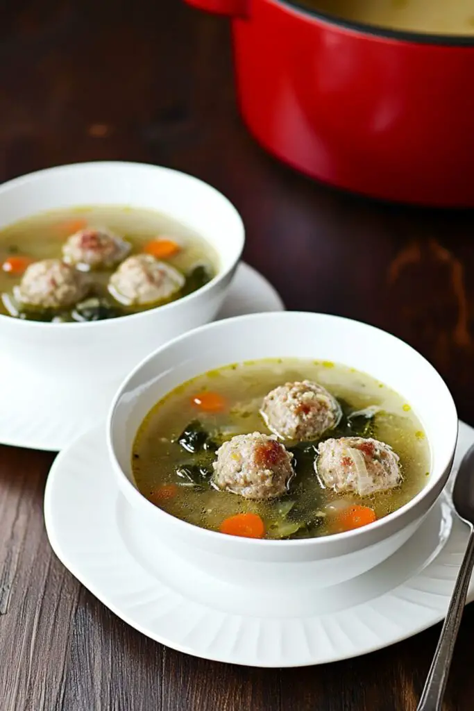 Two bowls of authentic Italian wedding soup with mini meatballs, carrots, and escarole, served in white bowls for a cozy and satisfying meal.