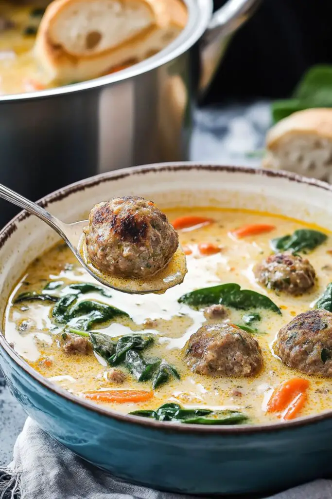 A creamy Italian wedding soup with meatballs, carrots, spinach, and a rich broth, served in a bowl with a spoonful of veggies and meatballs.