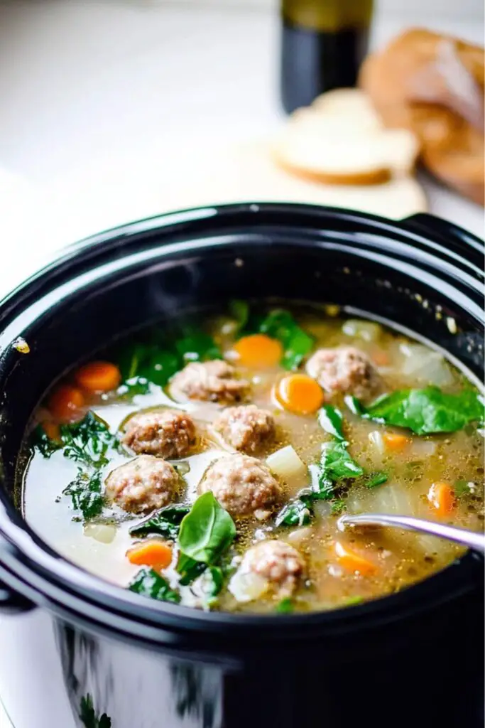 Crock Pot Italian wedding soup with tender meatballs, spinach, carrots, and a clear broth, slowly cooked for a hearty and healthy soup dinner.