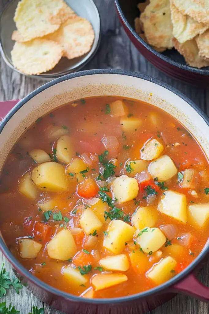 A pot of easy Italian potato soup with chunks of potato and tomatoes in a rich broth, served hot with crispy cheese crisps on the side.