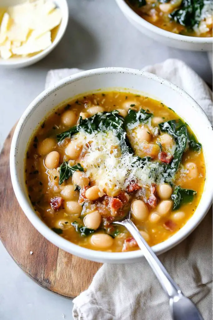 A bowl of creamy Italian white bean soup topped with parsley and parmesan, perfect for a cozy meal.