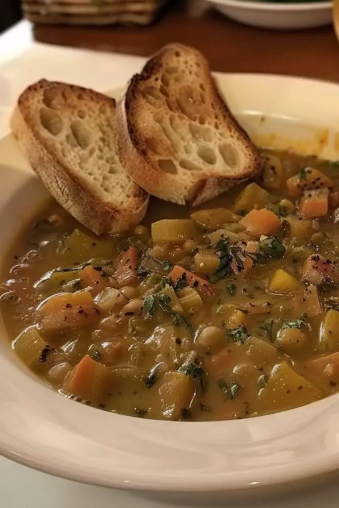 A hearty bowl of Frantoiana soup filled with Tuscan vegetables, beans, and olive oil, served with slices of toasted bread.