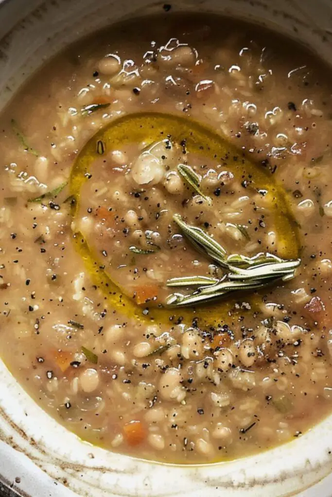 A rustic bowl of Italian farro soup filled with tender beans and vegetables, drizzled with olive oil and garnished with rosemary, perfect for a comforting meal.