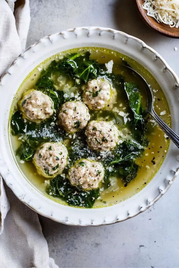 Bowl of Italian wedding soup with escarole, tender turkey meatballs, and savory broth, topped with grated parmesan cheese.