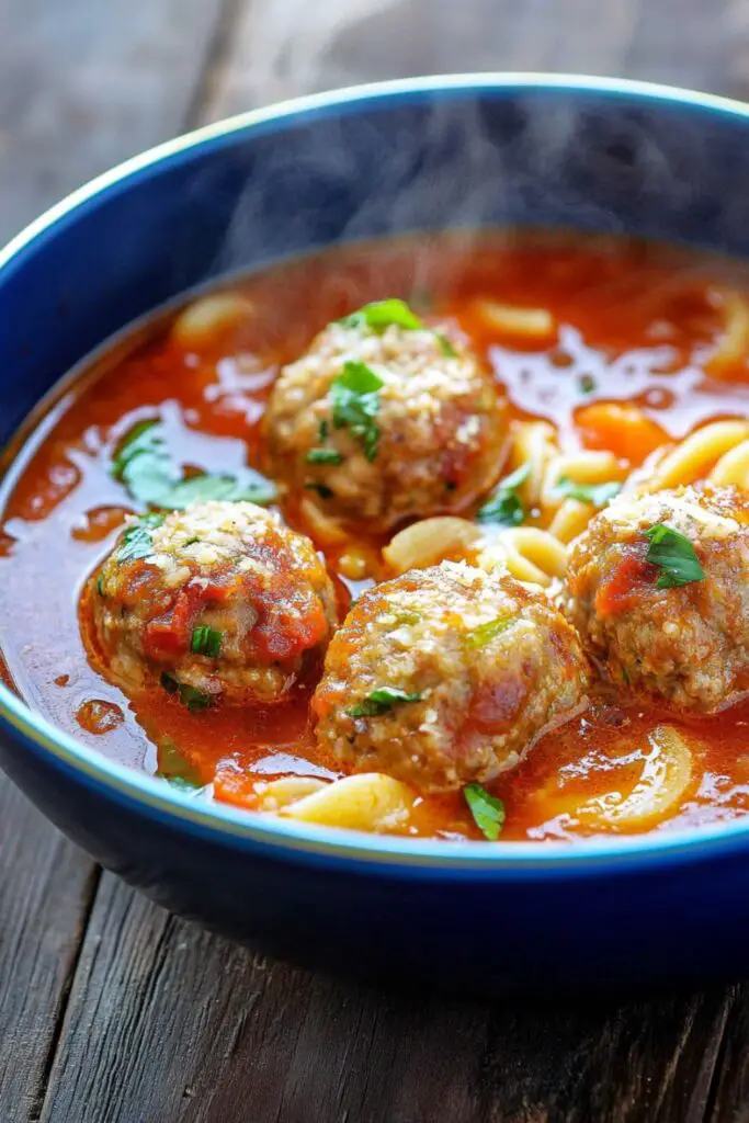 A bowl of hearty meatball soup with tomato broth, macaroni pasta, and tender meatballs, garnished with fresh herbs and parmesan cheese.